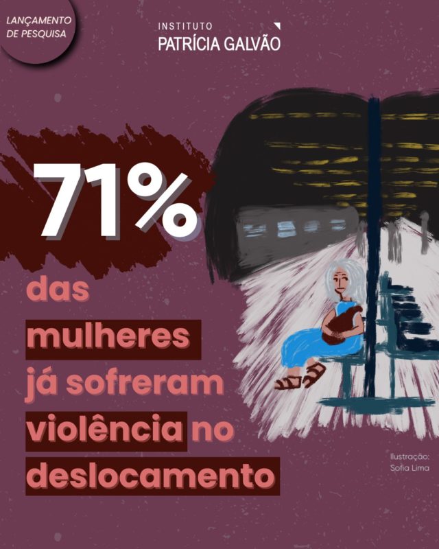 TEM PESQUISA INÉDITA NA ÁREA!

Olhares insistentes, cantadas inconvenientes, furtos, assaltos, sequestros relâmpago, importunação ou assédio sexual, preconceito, discriminação, agressão física, racismo e estupro: essas são algumas das principais violências que mulheres enfrentam diariamente ao se deslocarem pela cidade, conforme revela a pesquisa "Vivências e demandas das mulheres por segurança no deslocamento", realizada pelo Instituto Patrícia Galvão em parceria com o @ilocomotiva e apoio da @uber_br. Neste ano, pela primeira vez, a pesquisa apresenta dados de nove capitais!

Segundo o levantamento, 97% das mulheres deslocam-se com medo de que pelo menos uma dessas situações aconteça, sendo que 80% declaram sentir muito medo. Para driblar a insegurança nos trajetos urbanos, a imensa maioria das mulheres evitam passar por locais desertos ou mal iluminados. Essas e outras estratégias são adotadas diariamente por elas para garantir sua própria segurança.

Quer saber mais? Acesse o relatório completo da pesquisa "Vivências e demandas das mulheres por segurança no deslocamento" na Agência Patrícia Galvão (link na bio).

Ilustrações: Sofia Lima (@_ascoisasdesofia)

#InstitutoPatríciaGalvão #ViolênciaContraAsMulheresNosDeslocamentos #InsegurançaNosDeslocamentos #VivênciasDasMulheresNosDeslocamentos
#Assédio #AssédioSexual #ImportunaçãoSexual #Estupro #PesquisaDeOpinião