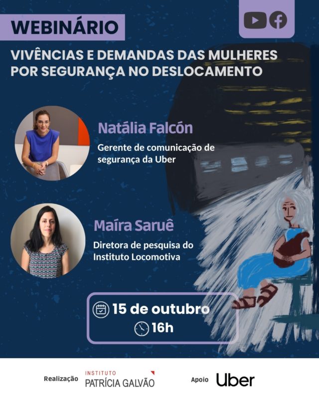 📢 Anota na agenda! Na próxima terça-feira, 15 de outubro, às 16h, o Instituto Patrícia Galvão promove o webinário "Vivências e demandas das mulheres por segurança no deslocamento”. 

➡️ Participam do evento:

🔸 Natália Falcón, gerente de comunicação e segurança na Uber, com foco em Segurança e Parcerias para o Enfrentamento à Violência Contra a Mulher. Também lidera, no Brasil, o grupo de afinidades "Mulheres da Uber", que desenvolve iniciativas voltadas para equidade de gênero no ambiente de trabalho. É formada em Comunicação, com especialização em Redes Sociais, Terceiro Setor e Sustentabilidade. Já trabalhou com cobertura jornalística e assessoria de imprensa nas áreas de segurança, tecnologia e direitos humanos.

🔸 Maíra Saruê, diretora de pesquisa do Instituto Locomotiva, mestre em Sociologia e graduada em Ciências Sociais pela Universidade de São Paulo (USP). Ao longo de quase duas décadas de experiência com pesquisas de opinião, de mercado e acadêmica, já conduziu estudos sobre os mais diversos temas, como políticas públicas, gênero, entre outros. Foi diretora de pesquisa no Data Popular, gerente de pesquisa da área de Public Affairs da Ipsos e gerente de pesquisa e planejamento estratégico na Matisse Comunicação.

🗣️ A mediação será das diretoras do Instituto Patrícia Galvão, Jacira Melo e Marisa Sanematsu. 

🔴 O evento online terá tradução em libras e transmissão ao vivo pelos canais da Agência Patrícia Galvão no Facebook e Youtube. Link na bio! 

Marque na agenda e convide s amig@s! 👈📲

#InstitutoPatríciaGalvão #ViolênciaDeGênero #ViolênciaContraAsMulheres #ViolênciasNosDeslocamentos #MobilidadeUrbana #ImportunaçãoSexual #Assédio