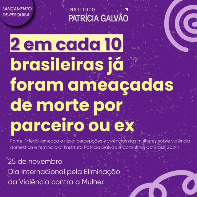 🔎 LANÇAMENTO DE PESQUISA! 

No Dia Internacional pela Eliminação da Violência contra a Mulher, o Instituto Patrícia Galvão, em parceria com o Consulting do Brasil e apoio do Ministério das Mulheres por meio do Governo Federal, lança a pesquisa de opinião “Medo, ameaça e risco: percepções e vivências das mulheres sobre violência doméstica e feminicídio”, realizada com 1.353 mulheres com 18 anos ou mais entre os dias 23 e 30 de outubro de 2024.

De acordo com o levantamento, duas em cada dez mulheres (21%) já foram ameaçadas de morte pelo parceiro/namorado ou ex. Quando se faz o recorte pela raça, as mulheres pretas foram as que mais sofreram: 25%, seguidas pelas pardas, 19%, e por último as brancas, 16%.

A violência doméstica e o risco de feminicídio é uma realidade presente na vida de muitas mulheres brasileiras. Ainda de acordo com uma pesquisa, 6 em cada 10 entrevistadas afirmaram conhecer pelo menos uma mulher que já foi ameaçada de morte por seu atual ou ex-parceiro. Entre os principais motivos que impedem as mulheres que sofrem agressões constantes de deixarem suas relações violentas, destacam-se a dependência econômica do agressor e a crença de que ele realmente se arrependeu e pode mudar.

Os dados também indicam que cerca de 17 milhões de mulheres no Brasil já viveram ou ainda vivem em situações de risco de serem mortas em razão de seu gênero. 

Quer saber mais? Baixe o relatório completo da pesquisa “Medo, ameaça e risco: percepções e vivências das mulheres sobre violência doméstica e feminicídio” e acesse os dados na íntegra! (link na bio).

#InstitutoPatríciaGalvão #ViolênciaContraAsMulheres #ViolênciaDoméstica #Feminicídio #DiaInternacionalpelaEliminaçãodaViolênciacontraaMulher #21DiasdeAtivismopeloFimdaViolênciacontraaMulher #PelaVidaDasMulheres