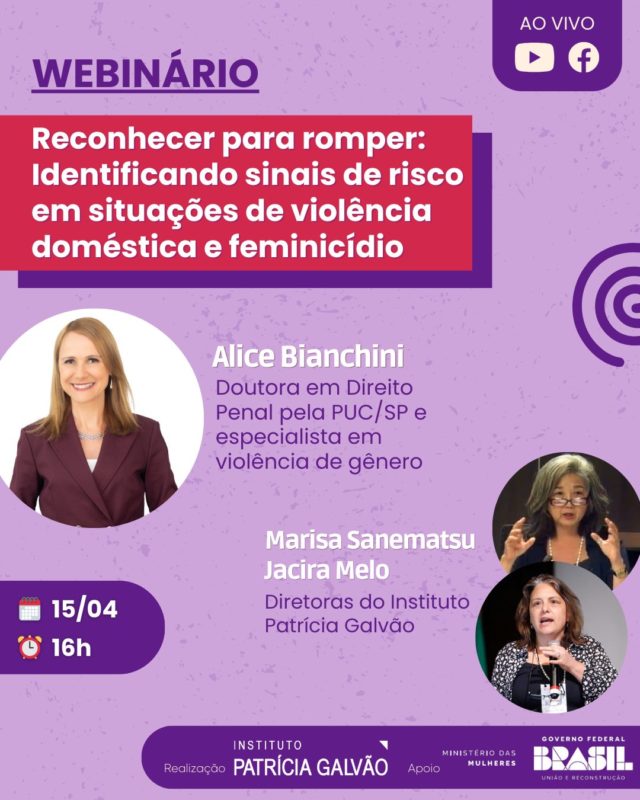 📢 Temos um encontro marcado com você na próxima semana! Anota aí. 

Na próxima terça-feira, 15 de abril, às 16h, o Instituto Patrícia Galvão promove o webinário “Reconhecer para romper: Identificando sinais de risco em situações de violência doméstica e feminicídio”. 

➡️ Conheça a convidada:

🔸 Alice Bianchini é doutora em Direito Penal pela PUC/SP, conselheira de notório saber do Conselho Nacional dos Direitos da Mulher (CNDM), vice-presidenta da Associação Brasileira de Mulheres de Carreiras Jurídicas (ABMCJ), membra do Fórum Nacional de Enfrentamento à Violência contra a Mulher (Fonavim) e do Fórum Permanente de Diálogos com o Sistema de Justiça sobre a Lei Maria da Penha (FLMP), coordenadora da Pós-Graduação em Direito das Mulheres (www.meucurso.com.br) e co-autora, dentre outros, dos seguintes livros: Crimes contra mulheres, Juspodvum, 6ª ed., 2024; Crimes contra crianças e adolescentes, 2ª ed., 2024; Feminismo(s), 2ª ed.,2024; e Manual de Direito Eleitoral e Gênero, 2024.

A mediação será das diretoras do Instituto Patrícia Galvão, Jacira Melo e Marisa Sanematsu. 

🔴 O evento online terá tradução em libras e transmissão ao vivo pelos canais da Agência Patrícia Galvão no Facebook e Youtube. Link disponível na bio 🔗

Venha participar desse diálogo com a gente!

#InstitutoPatríciaGalvão #ViolênciaDeGênero #ViolênciaContraAsMulheres #ViolênciaDomésticaeFamiliar #ViolênciaDoméstica #Feminicídio #MinistérioDasMulheres
