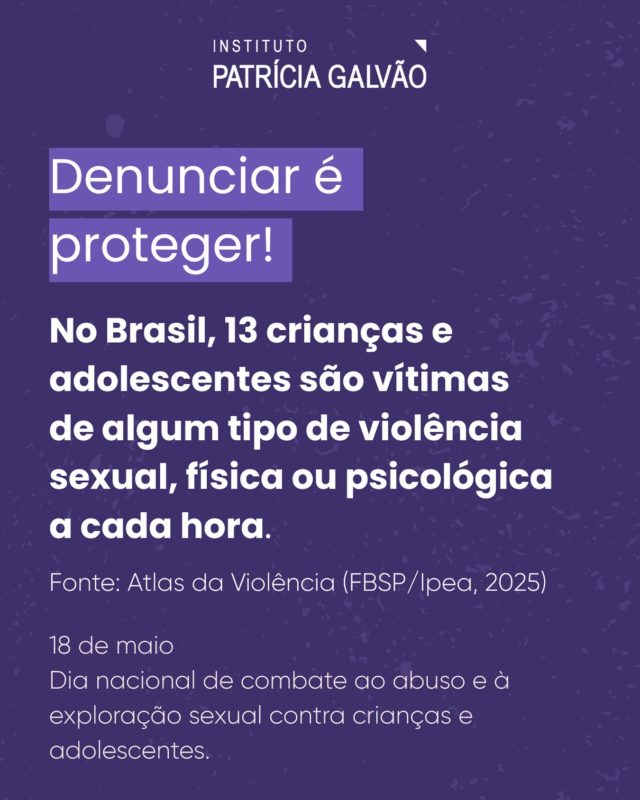 Dia Nacional de Combate ao Abuso e à Exploração Sexual contra Crianças e Adolescentes. 

Neste 18 de maio, reforçamos a importância de proteger nossas crianças e adolescentes contra todas as formas de violência. No Brasil, a cada hora, 13 crianças e adolescentes são vítimas de violência sexual, física ou psicológica — uma realidade que denuncia a urgência de ações efetivas para o enfrentamento e a prevenção dessas violências.

Muitas vezes, esses abusos acontecem em ambientes que deveriam ser seguros, como a própria casa, e são praticados por pessoas próximas às vítimas. 

Denunciar é um dever, mas também é um ato de coragem e amor. Se você suspeita ou conhece algum caso, não hesite: procure ajuda, informe os órgãos competentes e contribua para que nenhuma infância seja prejudicada pela violência.

#InstitutoPatríciaGalvão #18Maio #FaçaBonito #ExploraçãoSexualInfantileAdolescente