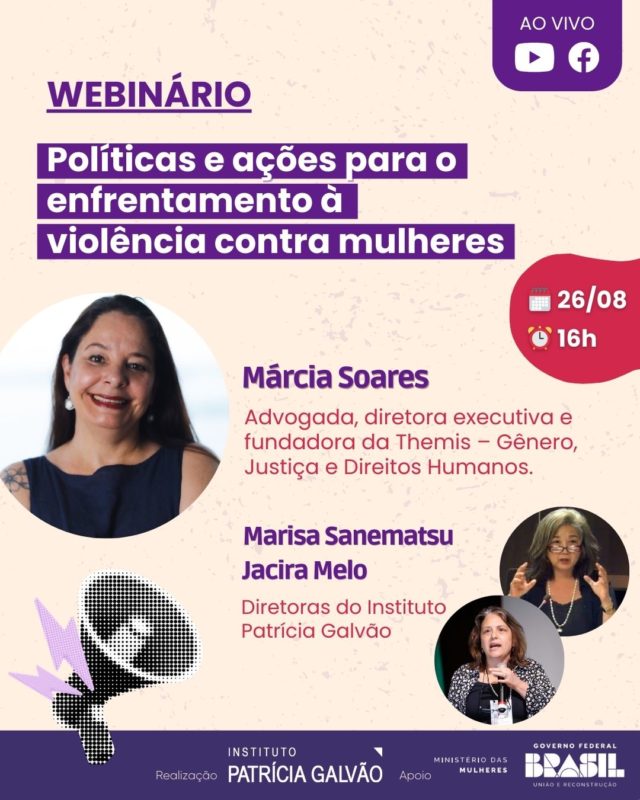 📢 Temos um encontro marcado com você na próxima semana!

No dia 26 de agosto, às 16h, o Instituto Patrícia Galvão realiza o webinário “Políticas e ações para o enfrentamento à violência contra mulheres”, com o objetivo de discutir estratégias para fortalecer políticas públicas e aprimorar mecanismos de prevenção e proteção, diante do preocupante aumento da violência doméstica e do feminicídio no Brasil.

De acordo com a pesquisa “Medo, ameaça e risco: percepções e vivências das mulheres sobre violência doméstica e feminicídio”, realizada pelo Instituto Patrícia Galvão e pela Consulting do Brasil em 2024, quase 17 milhões de brasileiras já viveram ou vivem em situação de risco de feminicídio e 6 em cada 10 mulheres conhecem ao menos uma vítima que já foi ameaçada de morte por um atual ou ex-companheiro.

Casos recentes, como as agressões brutais em elevadores em Natal e no Distrito Federal, escancaram a urgência do tema. Apesar de avanços legais, a proteção às mulheres ainda enfrenta barreiras estruturais e sociais que precisam ser superadas.

➡️ Conheça a convidada:

🔸 Márcia Ustra Soares é advogada, diretora executiva e fundadora da Themis – Gênero, Justiça e Direitos Humanos, organização feminista e antirracista que completou, em 2024, 31 anos de atuação. À frente da instituição, ela é responsável pela gestão administrativa, coordenação de projetos e implementação de ações voltadas ao fortalecimento do protagonismo feminino e à promoção dos direitos humanos. Entre 2006 e 2011, foi secretária adjunta da Secretaria Nacional dos Direitos da Criança e do Adolescente do Governo Federal. De 2011 a 2017, atuou como Oficial de Projetos da Organização Internacional do Trabalho (OIT), desenvolvendo iniciativas relacionadas a direitos e igualdade de gênero.

Também participam Jacira Melo e Marisa Sanematsu, diretoras do Instituto Patrícia Galvão.

O evento online terá tradução em Libras e transmissão ao vivo pelos canais da Agência Patrícia Galvão no Facebook e Youtube. Link disponível na bio 🔗

#InstitutoPatríciaGalvão #ViolênciaContraAsMulheres #ViolênciaDoméstica #Feminicídio #TentativaFeminicídio #MinistérioDasMulheres